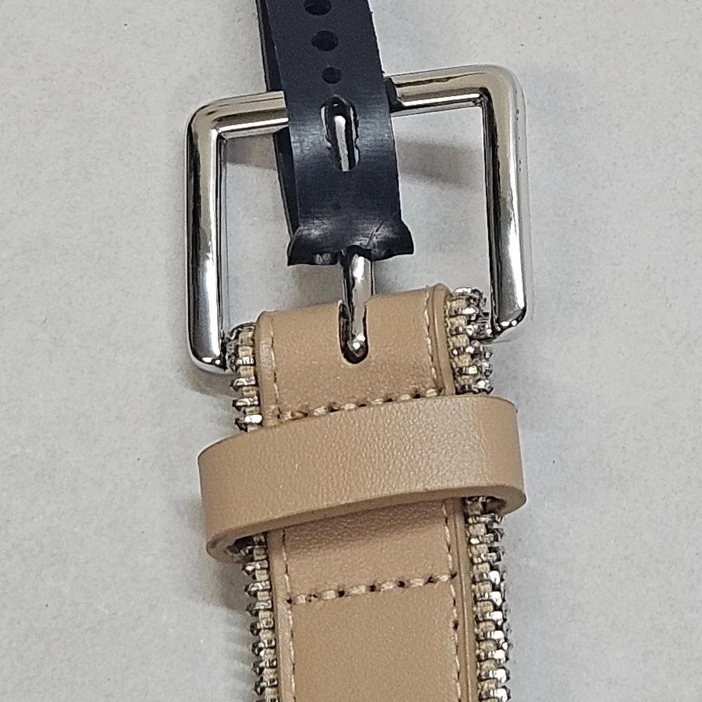Tan Beige Full‎ Zipper Detail Belt Women's Size L Fashion Accessory